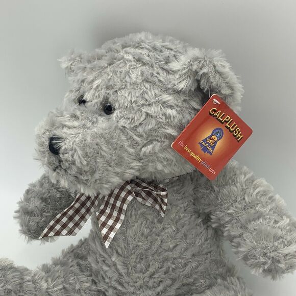 Calplush Gray Bear Plush Stuffed Bear Brown Gingham Bow Paw with Tag - Picture 4 of 8